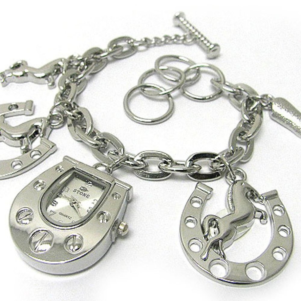 Arabian Horse Charm Clock Boot Horseshoe Ring Toggle Bracelet 7-9" Adjustable